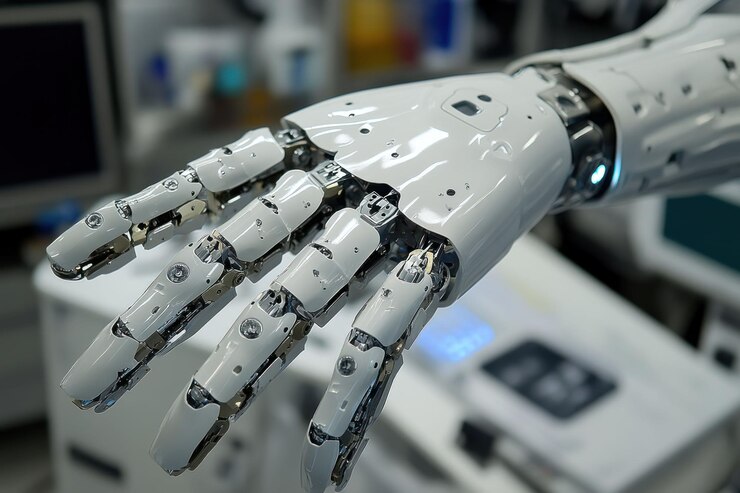 PSD un primer plano de una mano robótica futurista que muestra detalles mecánicos intrincados en un laboratorio estéril