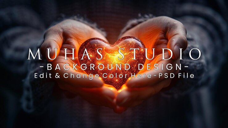 PSD un primer plano de una mano sosteniendo un cálido corazón naranja brillante diseño de plantilla de cuidado de amor para el día de san valentín