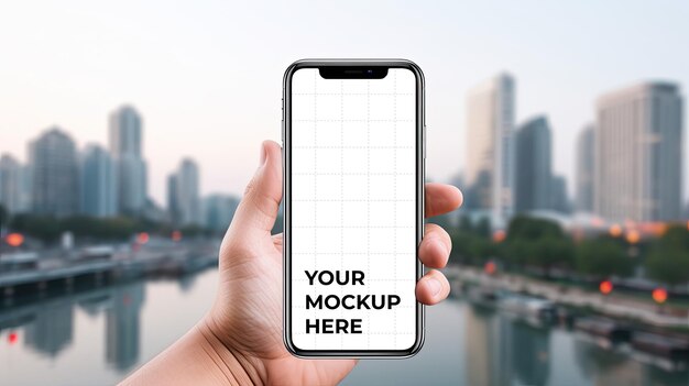 PSD primer plano de una mano sosteniendo una maqueta de teléfono con fondo de la ciudad para redes sociales o publicidad