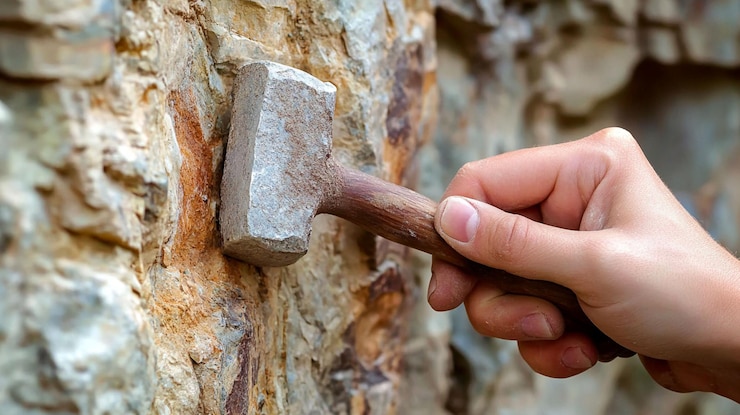 PSD un primer plano de una mano sosteniendo un martillo de roca contra una pared de piedra áspera