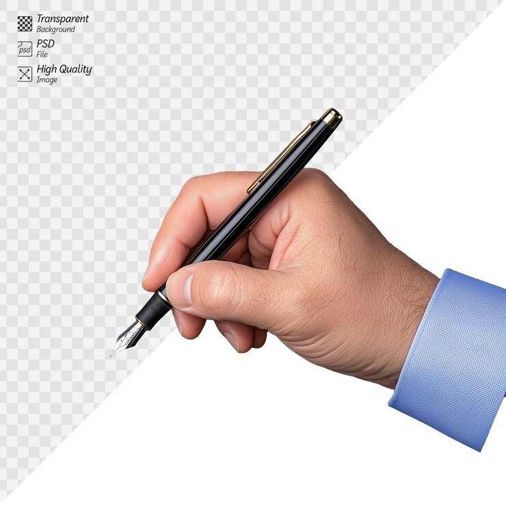 PSD primer plano de la mano sosteniendo una pluma pluma sobre un fondo transparente