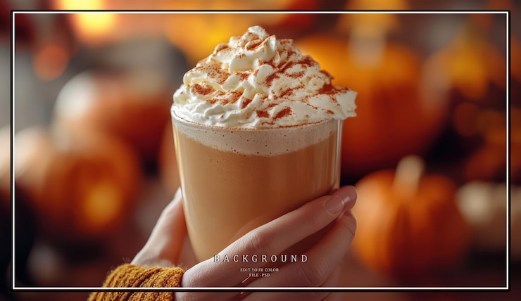 PSD un primer plano de una mano sosteniendo un vaso de café con especias de calabaza con crema batida y canela en la parte superior