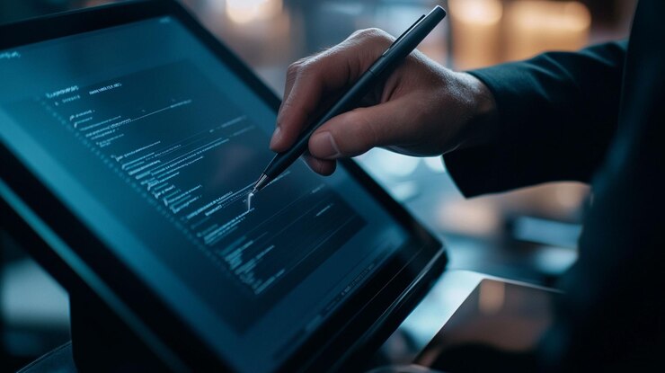 PSD primer plano de la mano usando el lápiz en la tableta que muestra el código