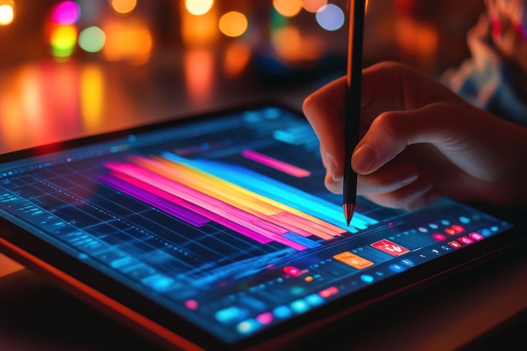 PSD primer plano de la mano usando el lápiz en la tableta que muestra un gráfico de datos colorido