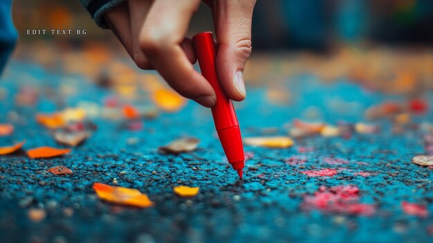 Un primer plano de una mano usando un marcador rojo para dibujar en el asfalto cubierto de hojas de otoño