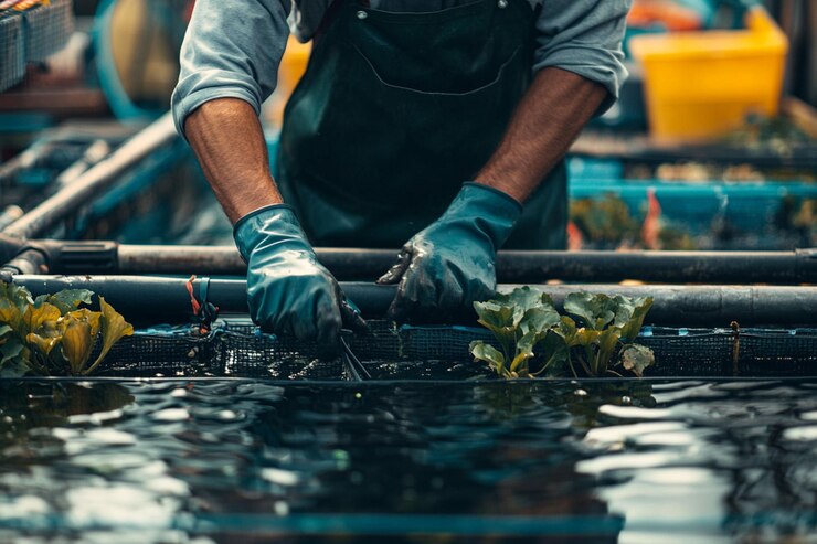 PSD primer plano de las manos de los agricultores cuidando las plantas en un sistema hidropónico