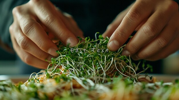 Un primer plano de las manos arreglando los microgreens frescos en un plato