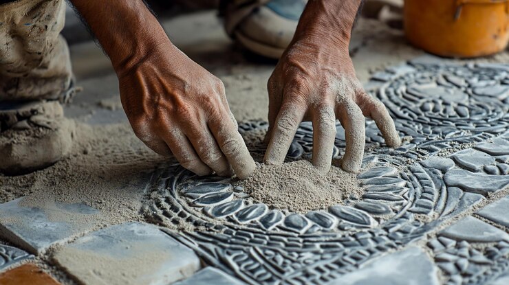 PSD primer plano de las manos colocando mortero entre los azulejos decorativos del piso
