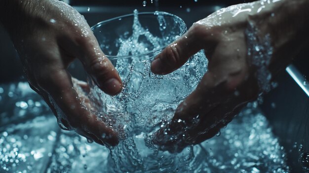 Primer plano de manos enjuagando un vaso bajo agua corriente creando gotas de agua salpicando