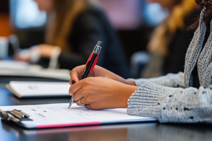 PSD primer plano de las manos escribiendo en un clipboard durante una reunión