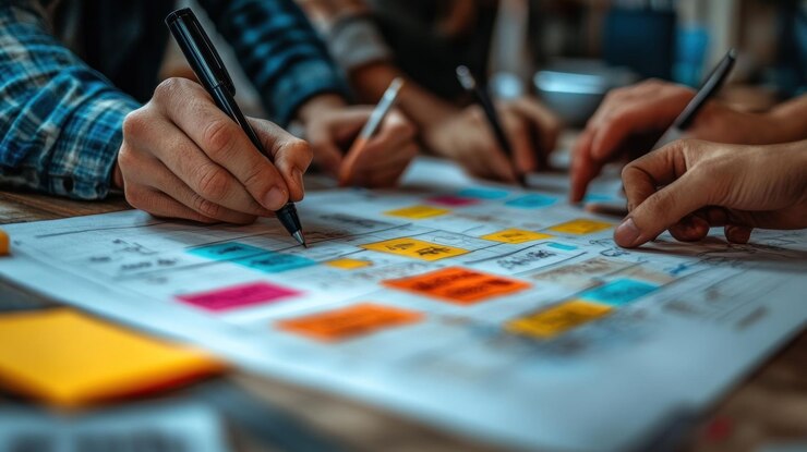 PSD un primer plano de las manos escribiendo en una pizarra con notas adhesivas durante una reunión de tormenta de ideas