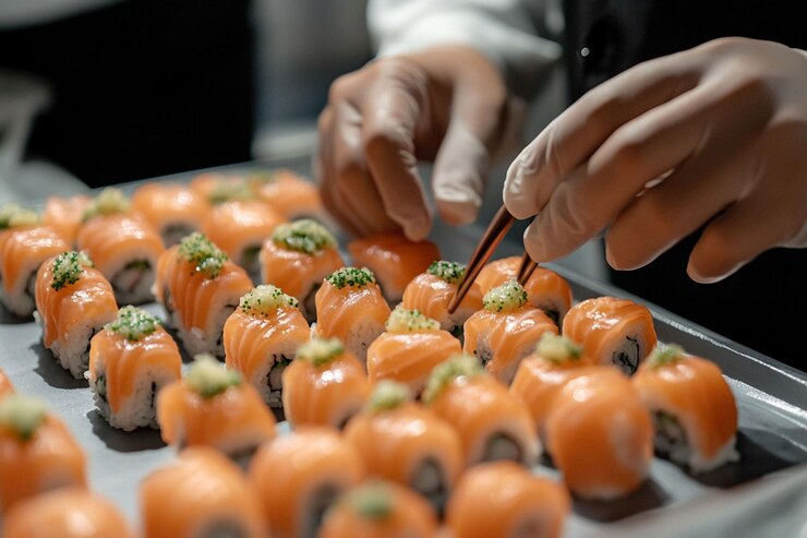 PSD un primer plano de manos con guantes preparando cuidadosamente rollos de sushi de salmón en una bandeja