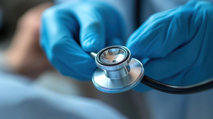 PSD un primer plano de manos con guantes sosteniendo un estetoscopio listo para un examen médico