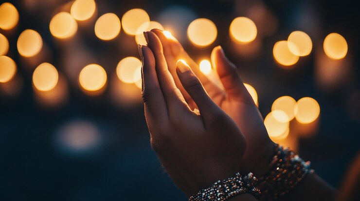 PSD primer plano de manos juntas brillando suavemente contra un fondo de cálidas luces bokeh