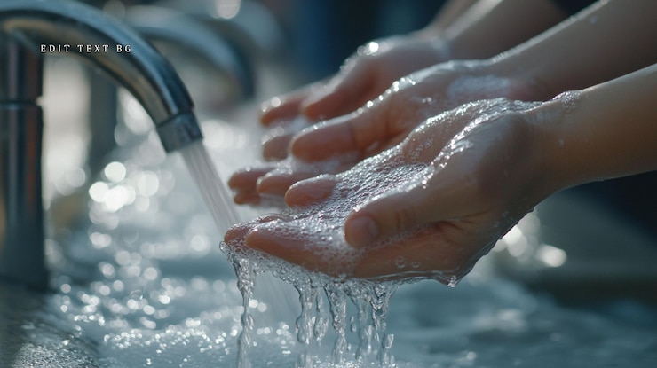 PSD un primer plano de las manos lavándose con jabón y agua en un fregadero público