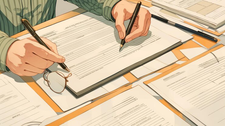 PSD primer plano de manos llenando un formulario con un bolígrafo rodeado de papeles