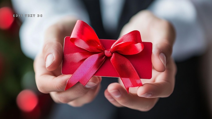 PSD un primer plano de manos ofreciendo una tarjeta de regalo roja con un lazo