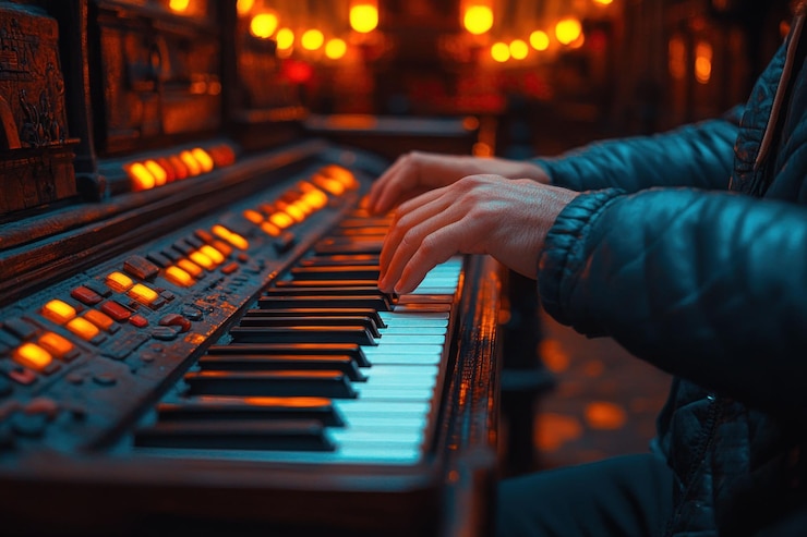 PSD un primer plano de las manos de una persona tocando un piano vintage con luces cálidas en el fondo