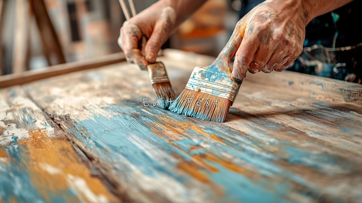 PSD primer plano de manos pintando madera desgastada con pinceles