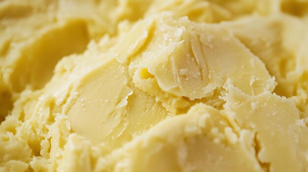 Un primer plano de la mantequilla de shea no refinada que muestra su textura y su color amarillo pálido