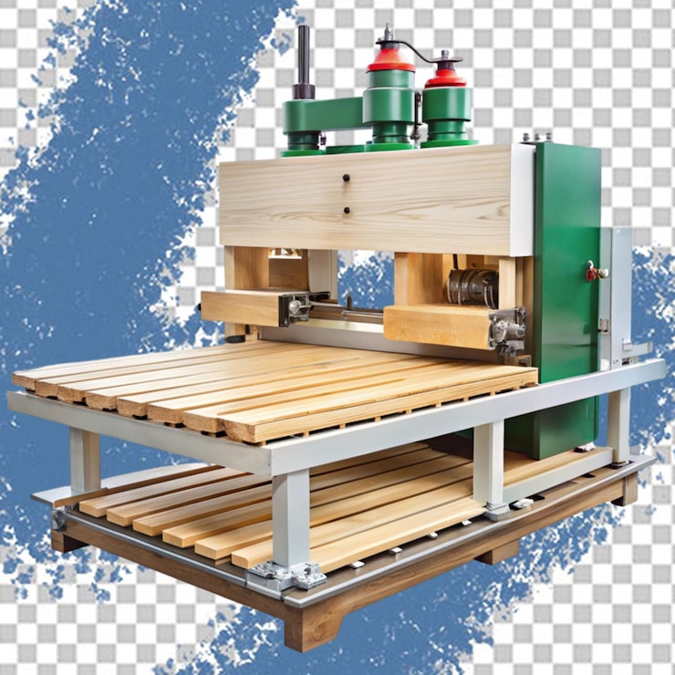 PSD un primer plano de una máquina de carpintería de época con un marco de metal verde y una base de madera