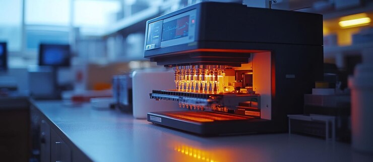 PSD primer plano de una máquina de laboratorio científico con tubos de ensayo en un entorno de laboratorio