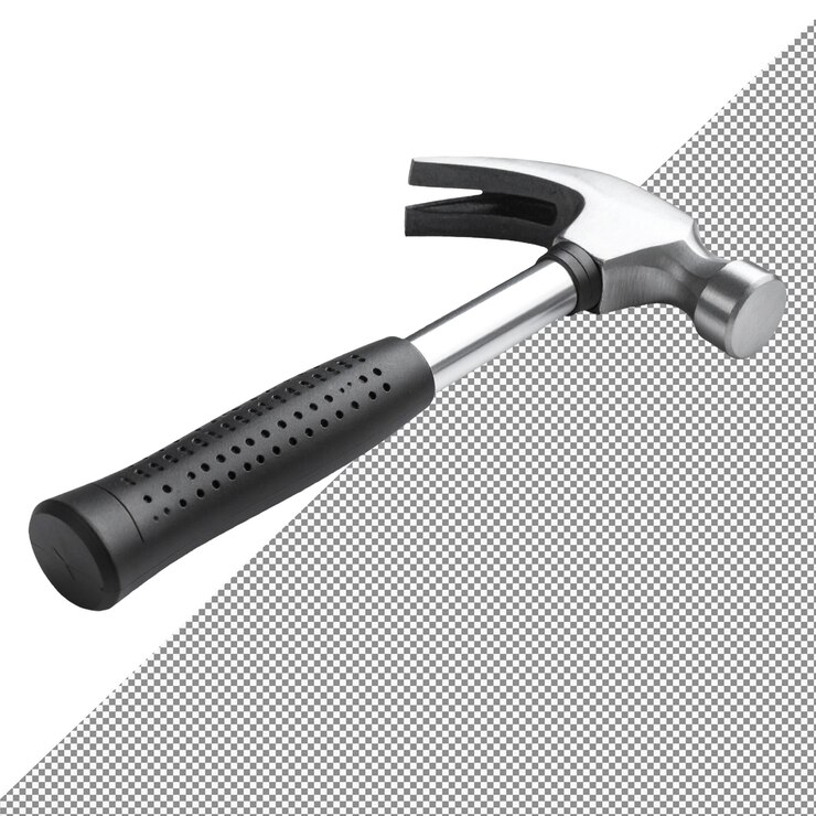 PSD primer plano de un martillo de garra con un mango negro sobre un fondo blanco