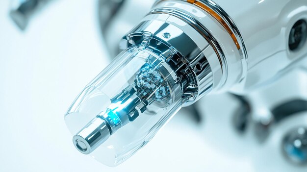 Primer plano de un mecanismo interno de brazos robóticos que muestra engranajes intrincados y un núcleo azul brillante