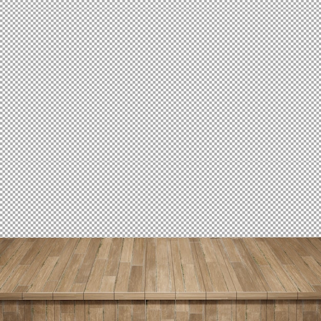 Primer plano de la mesa de madera, vista frontal de la parte superior de la mesa de madera render 3d aislado