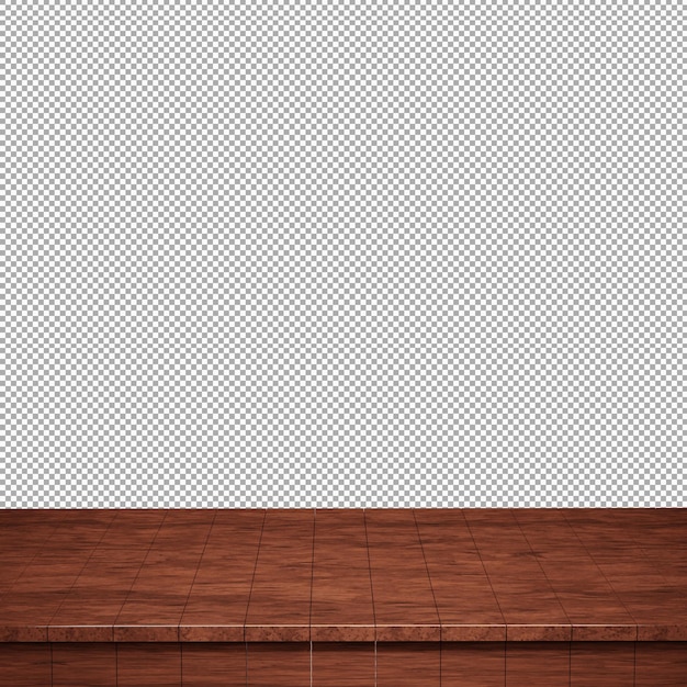 PSD primer plano de la mesa de madera, vista frontal de la parte superior de la mesa de madera render 3d aislado