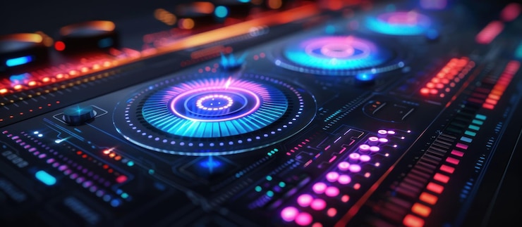 PSD un primer plano de una mezcla de dj con luces brillantes de colores