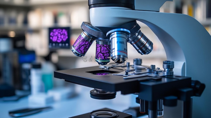 PSD un primer plano de un microscopio moderno en un laboratorio