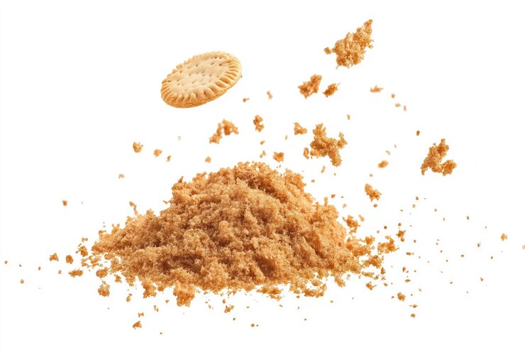 Primer plano de una migaja de galleta de color marrón claro en un fondo transparente aislado La migaja está esparcida