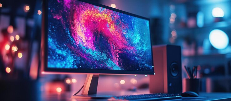 PSD un primer plano de un monitor de computadora que muestra un fondo abstractamente colorido con remolinos azules rosados y púrpuras con un altavoz y un teclado en primer plano