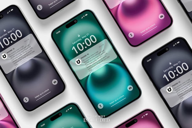 El primer plano muestra modelos modernos de teléfonos inteligentes sin marco en una superficie limpia y brillante