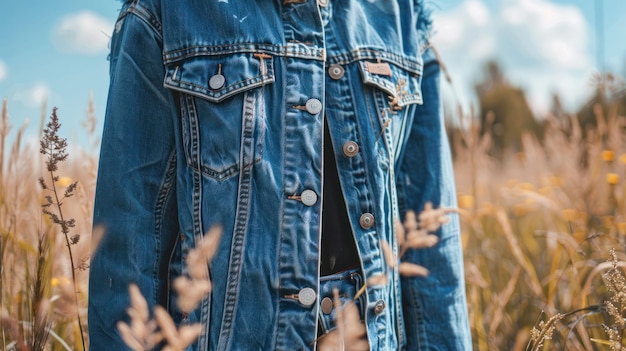 Un primer plano de una mujer con una chaqueta de vaqueros azul en un campo de hierba alta