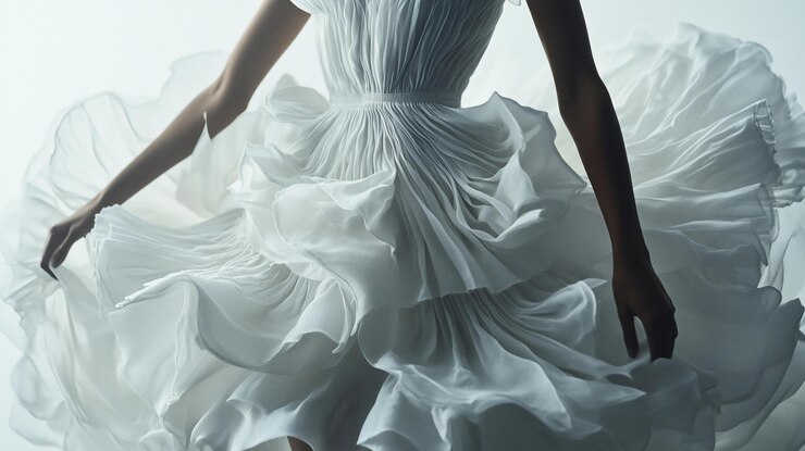 PSD un primer plano de una mujer con un vestido plisado blanco que fluye con los brazos extendidos