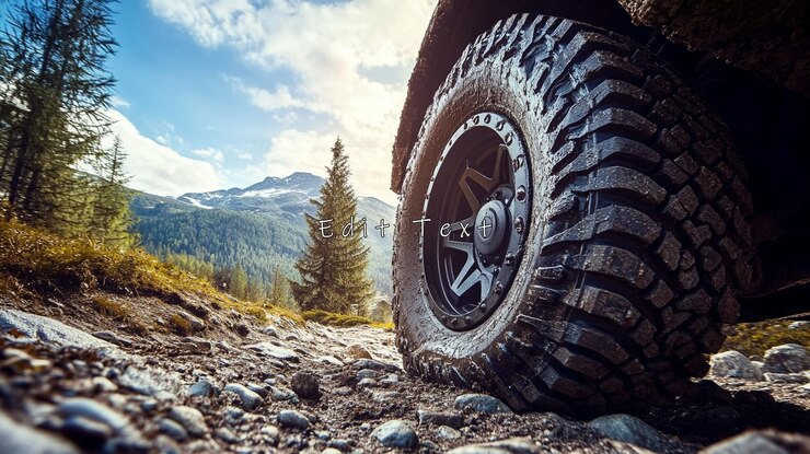 PSD un primer plano de un neumático de off-road fangoso en un sendero de montaña rocosa
