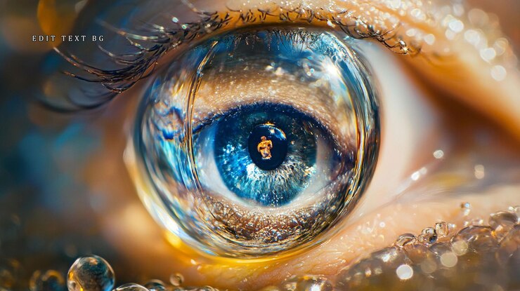 PSD primer plano de un ojo azul con gotas de agua que reflejan la luz