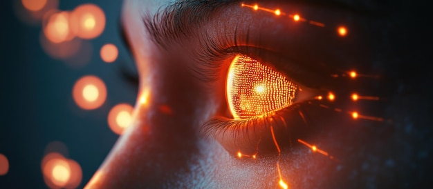 Primer plano de un ojo brillante con patrones de circuitos digitales concepto futurista