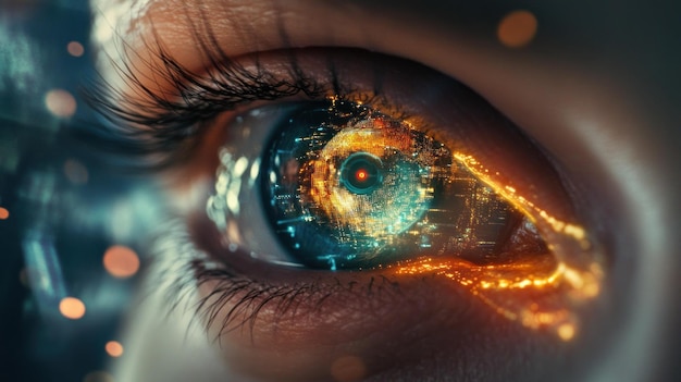 Primer plano de un ojo futurista con elementos digitales