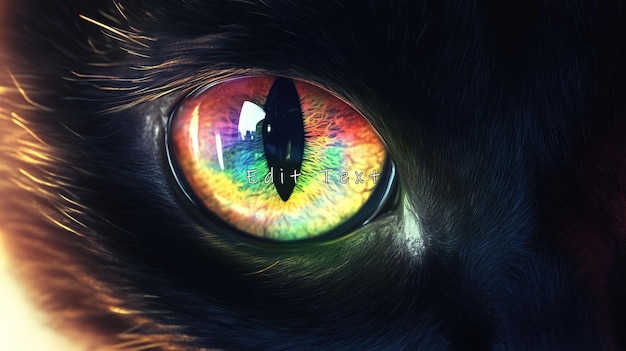 Primer plano de un ojo de gato con colores vibrantes del arco iris