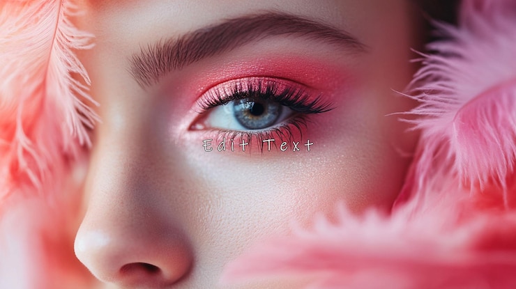 PSD primer plano de un ojo de mujer con acentos de plumas rosas y maquillaje