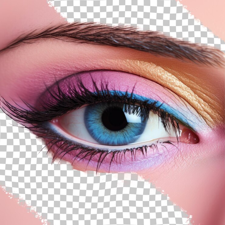 PSD primer plano del ojo de una mujer con sombra de ojos rosa y azul