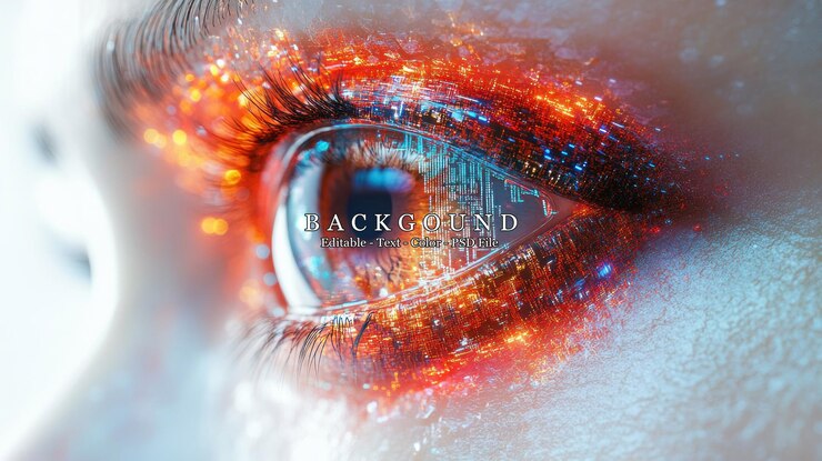 PSD un primer plano de un ojo con un vibrante paisaje digital reflejado