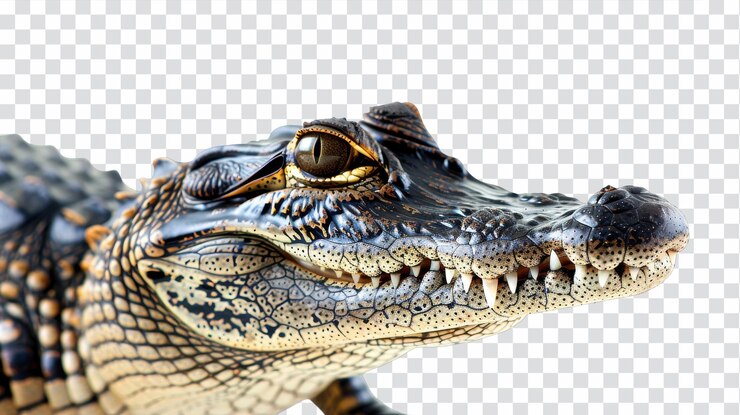 PSD primer plano de los ojos expresivos y la piel texturizada de un cocodrilo en un entorno verde vibrante