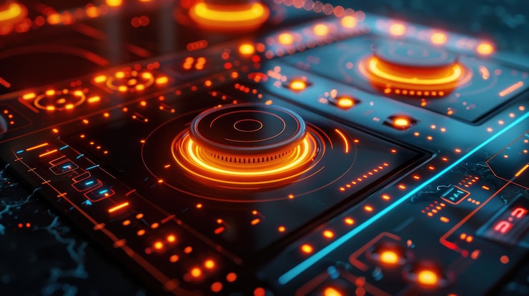 PSD un primer plano de un panel de control futurista con luces naranjas y azules brillantes