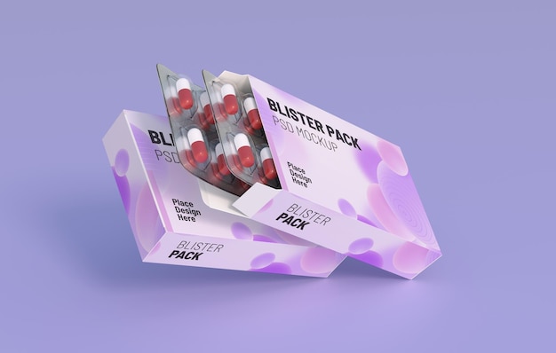 Primer plano del paquete con dos ampollas con pastillas de medicamentos Plantilla de maqueta Representación 3d