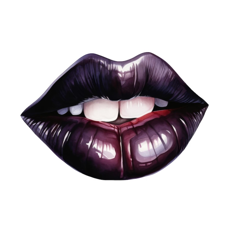 PSD un primer plano de un par de labios púrpuras brillantes ligeramente separados que revelan dientes blancos
