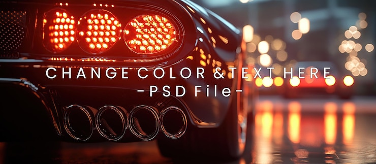 PSD un primer plano de la parte trasera de un automóvil elegante con luces iluminadas y borrón